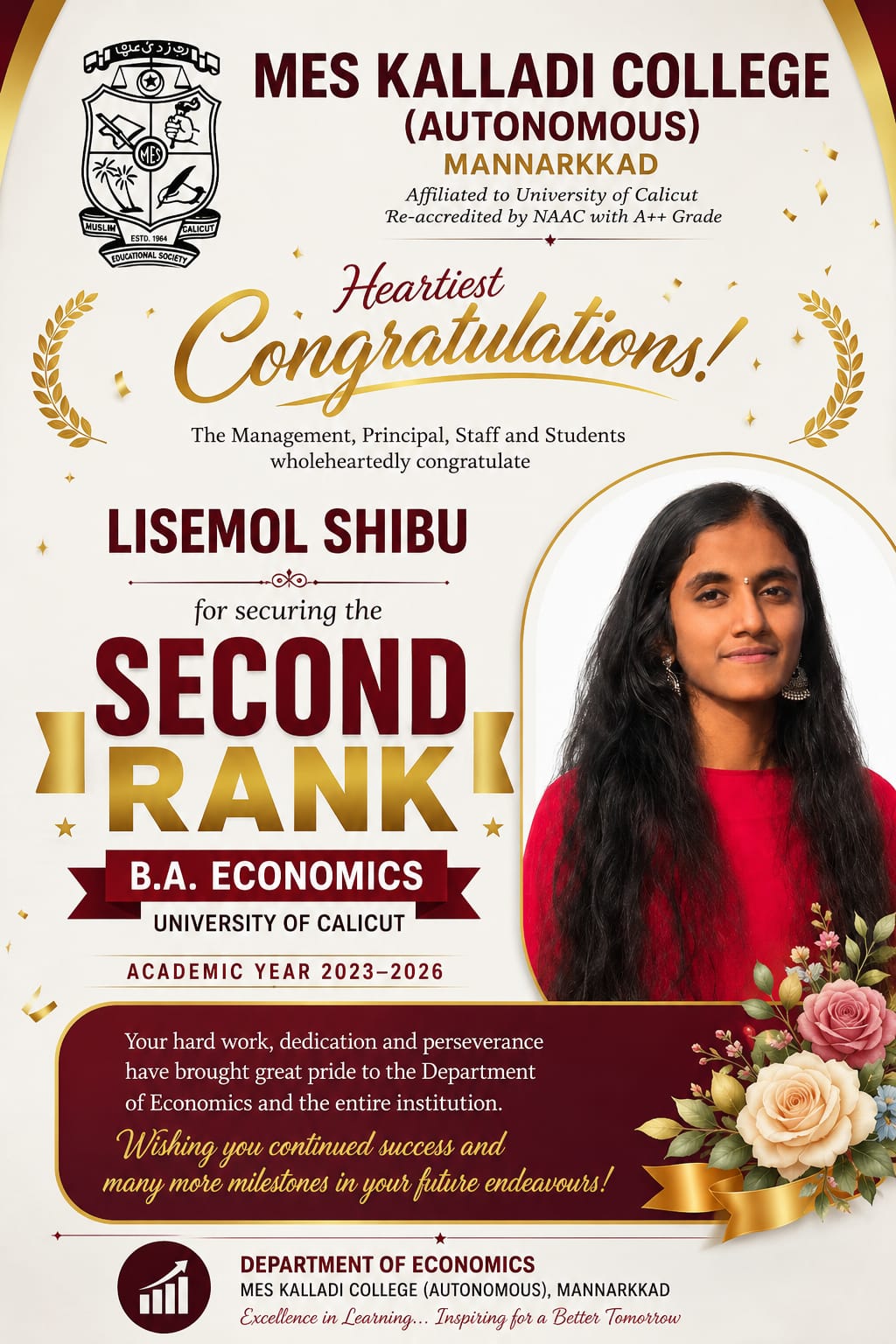 Lisemol Shibu- BA Economics Second Rank
